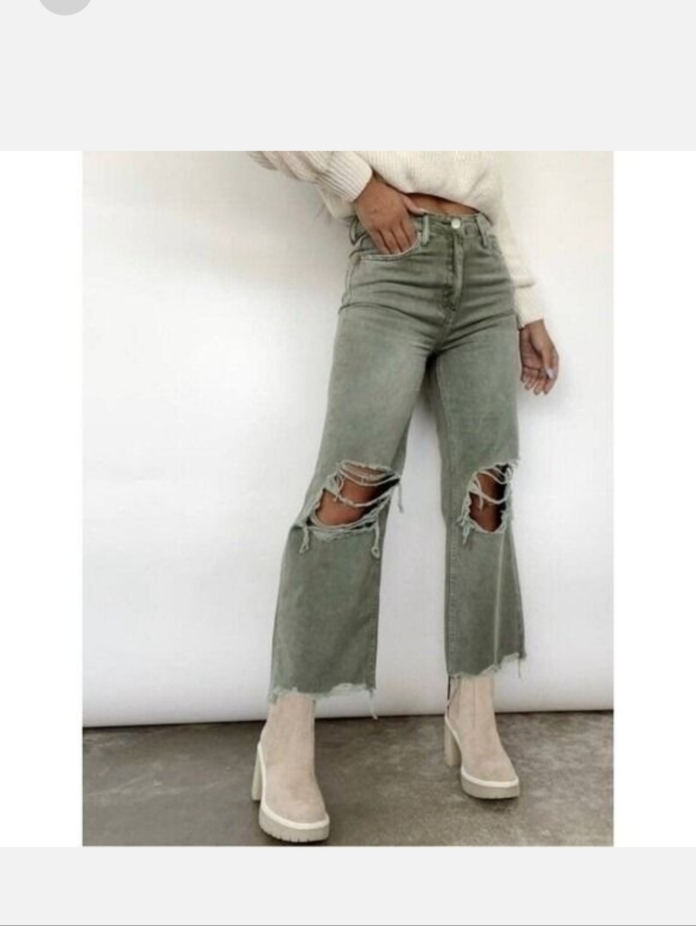 Vervet High-Rise Distressed Wide-Leg Jeans - Olive Green